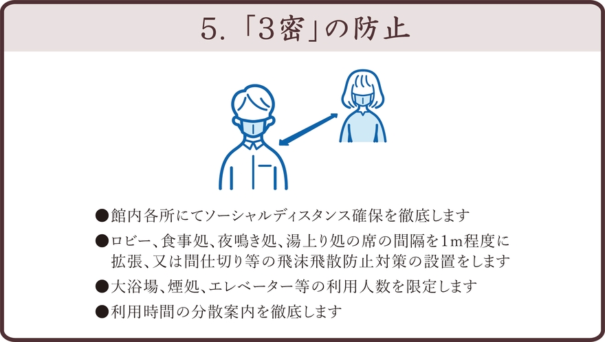 新型コロナウィルス感染拡大防止対策として「安心・安全の為の6つの取り組み」を実施しております。