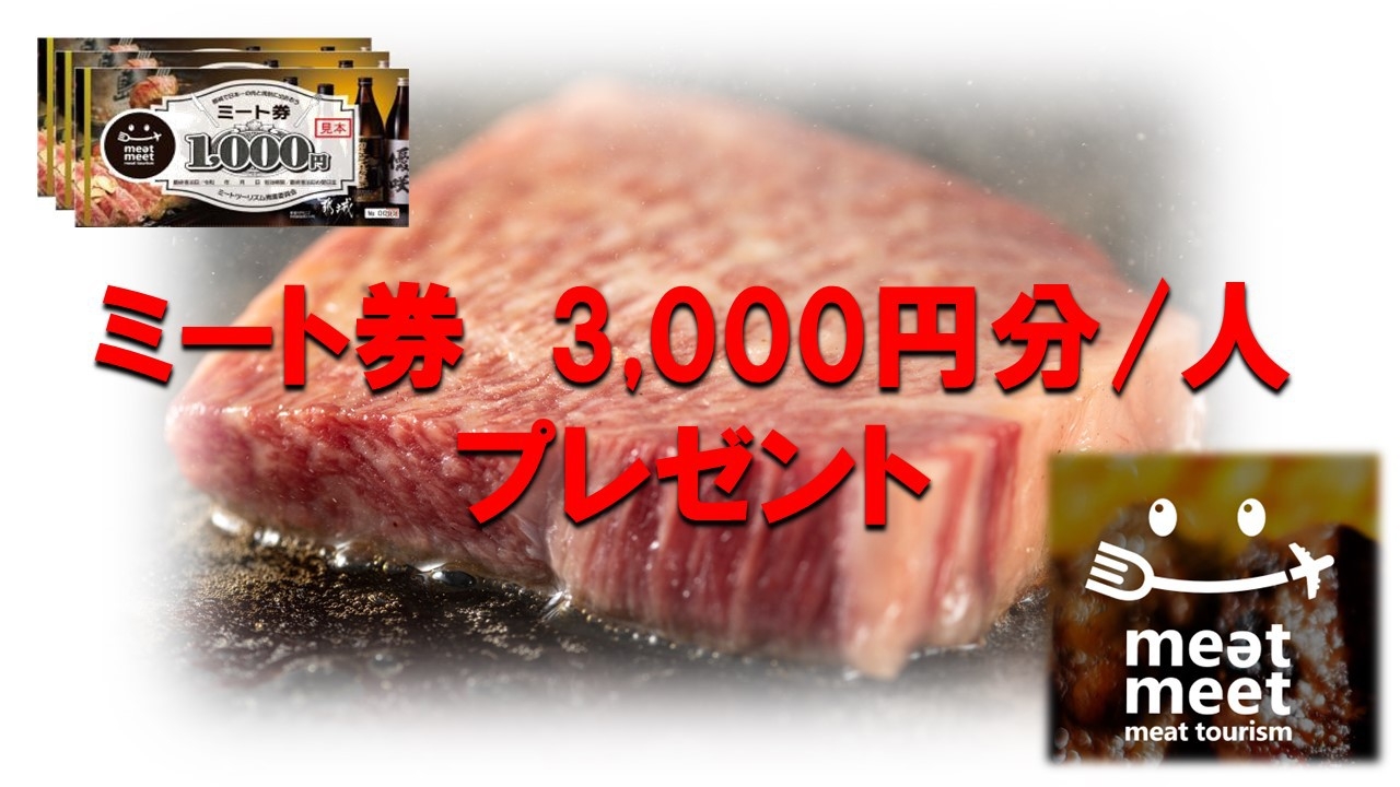 【20歳以上の都城市民以外対象】日本一「肉と焼酎」に出会える旅【ミート券3，000円分セットプラン】