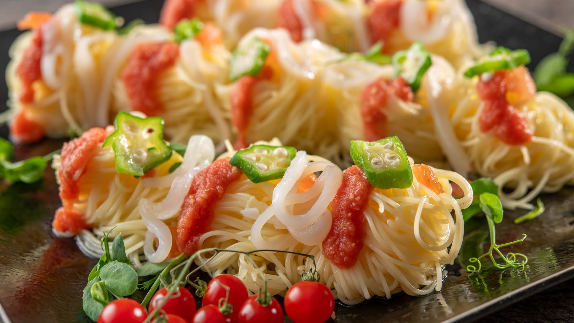 夕食：夏メニュー 烏賊と夏野菜の彩り冷製パスタ