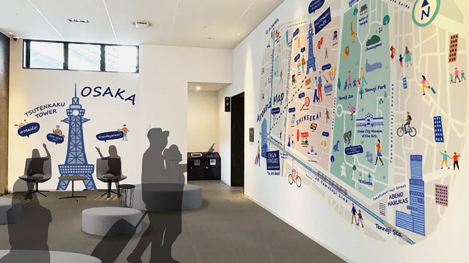 レセプション｜通天閣パートナーホテルになりました。周辺マップやフォトスポットを設置しお出迎えします。