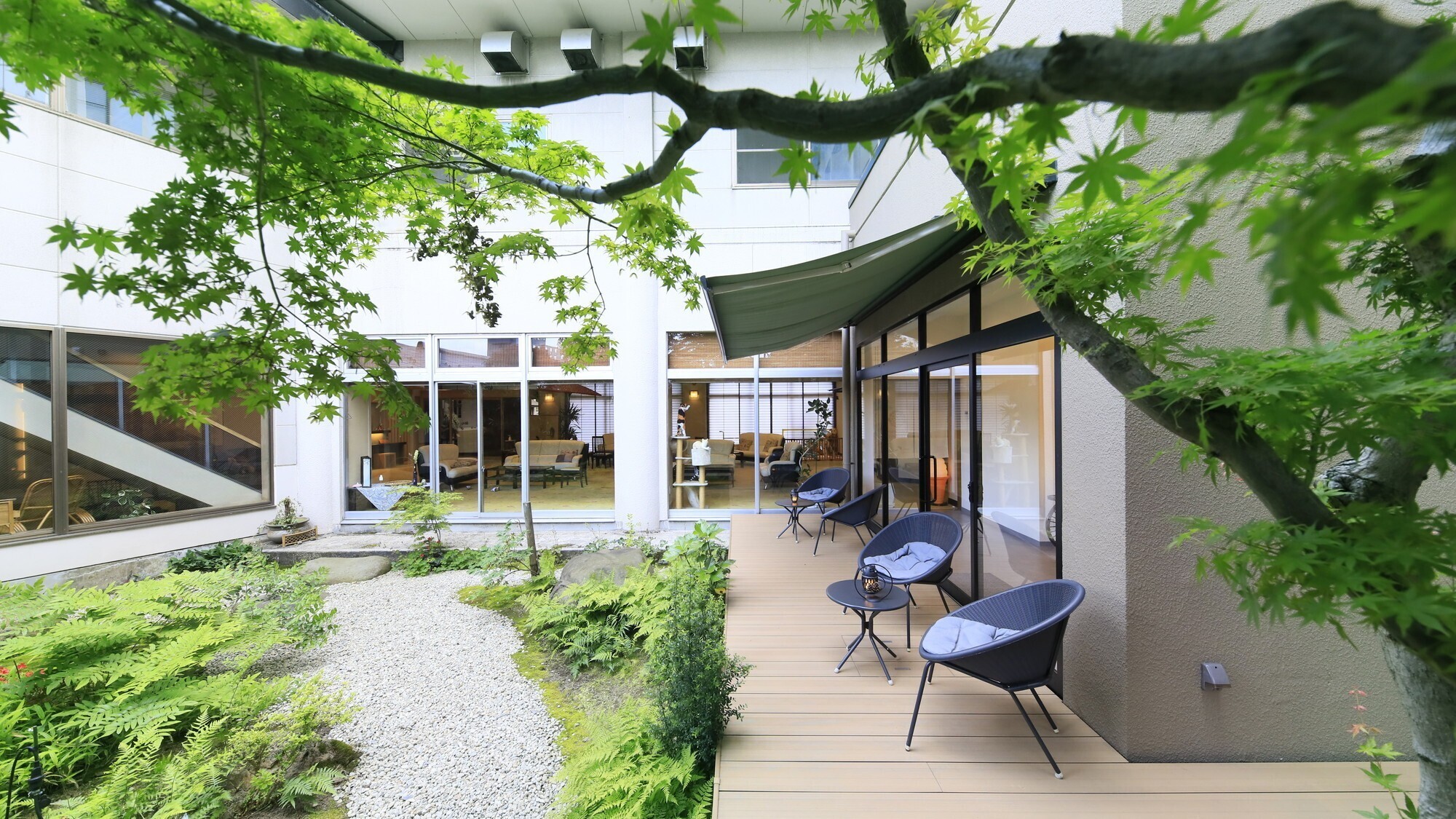 【館内】ラウンジ前から中庭を眺める