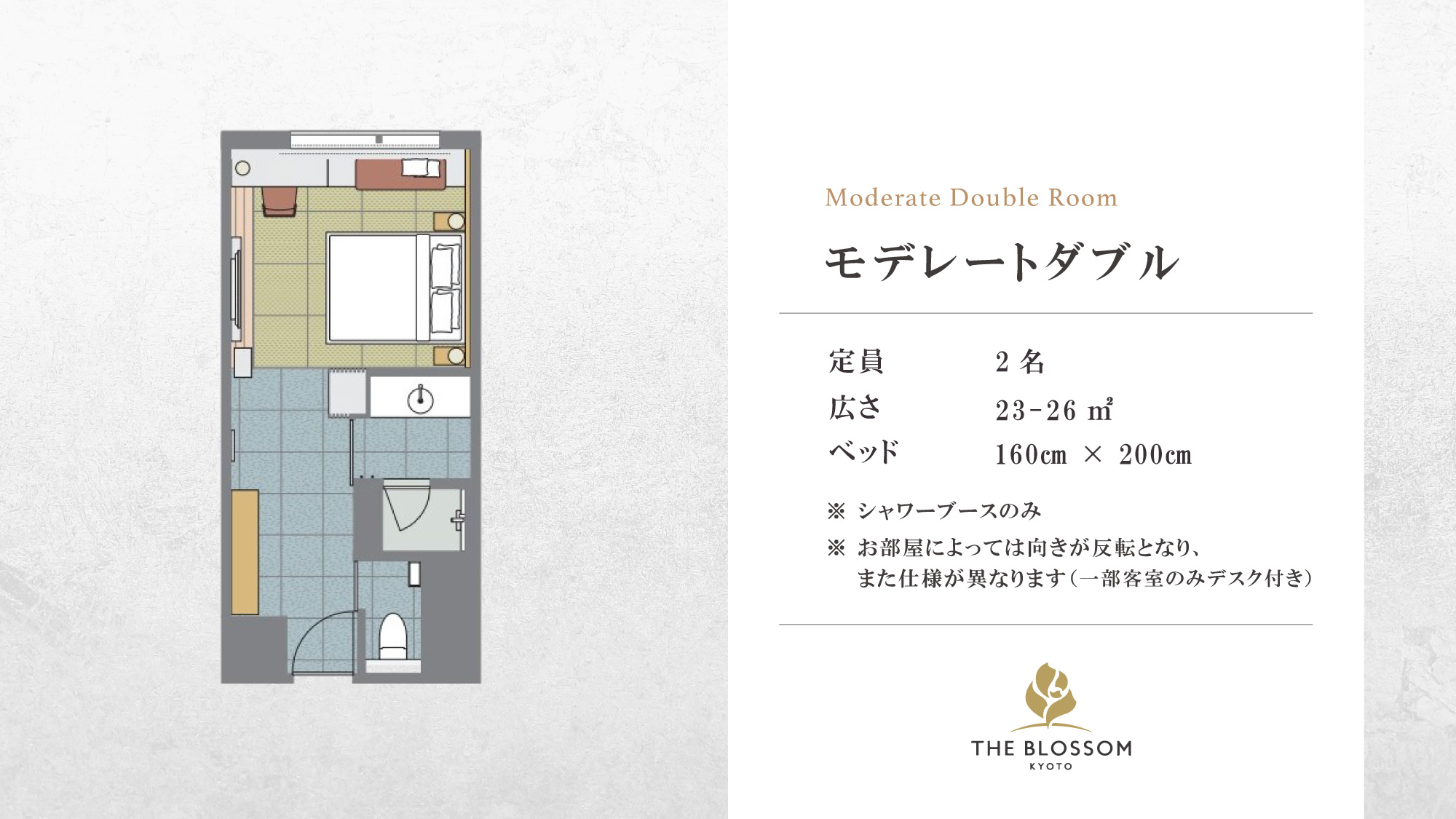 【モデレートダブル 23~26㎡】 クイーンベッドを配したスタンダードなお部屋