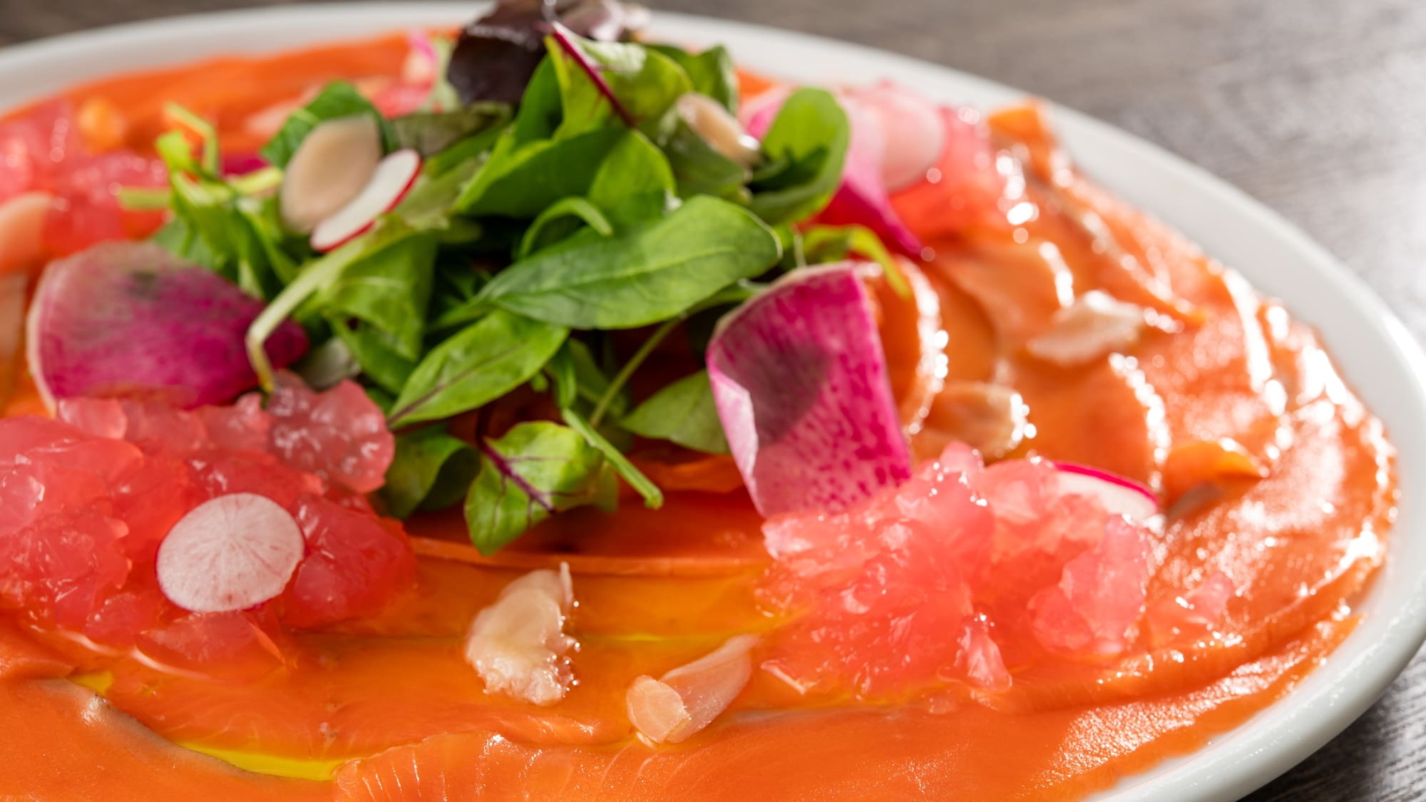 【夕食ビュッフェ】3/20～春メニュー 岩下の新生姜とサーモンのカルパッチョ 新生姜のソースジュレ