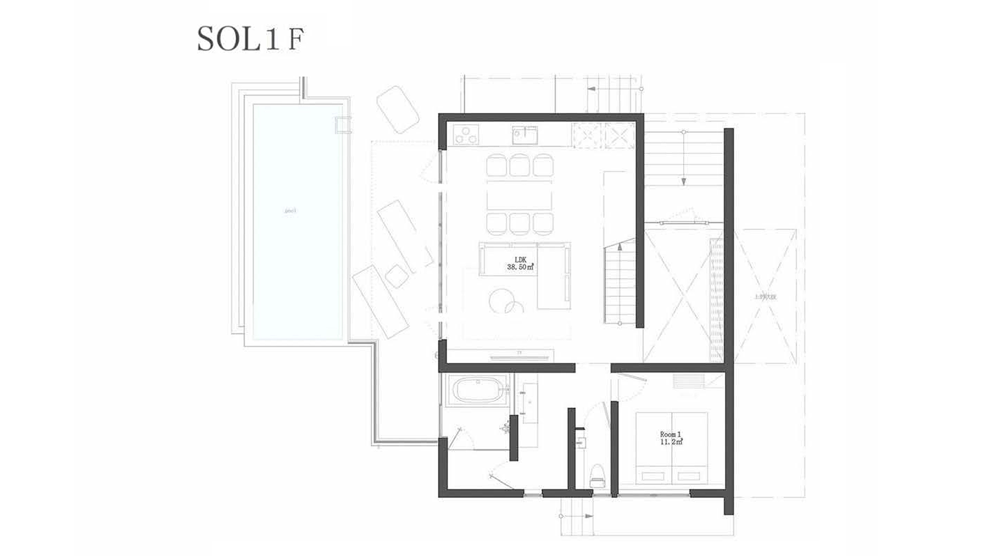 ・【SOL1F間取り】プライベートプールはリビングからすぐ。1Fにもバスルームを完備しています