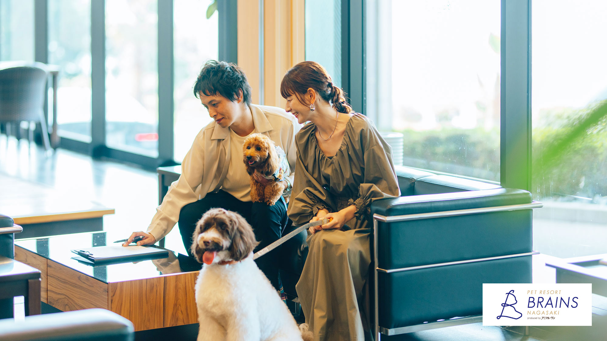 【ロビー】ゲージなしでワンちゃんを連れたままチェックインできます。松浦の美しい景色も楽しめます。