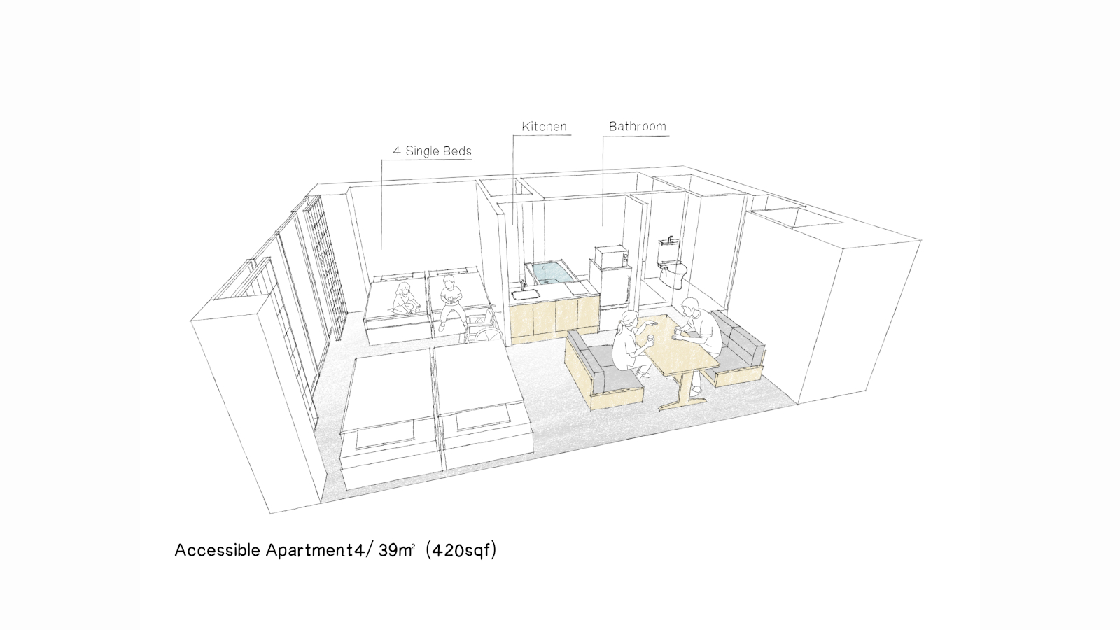アクセシブルアパートメント（4 シングル）間取り図