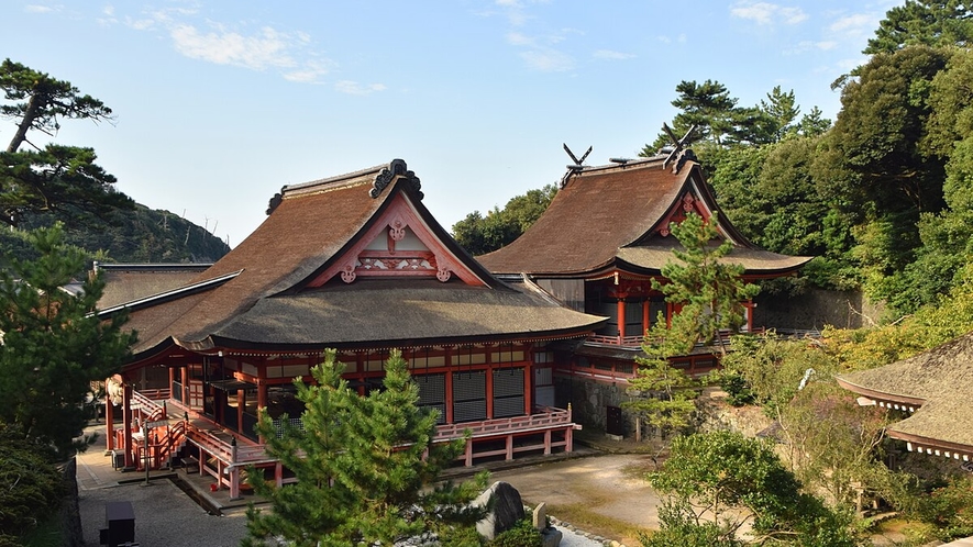 【日御碕神社】石鳥居をくぐると、緑の老松に囲まれた美しい社殿群が目に映ります。