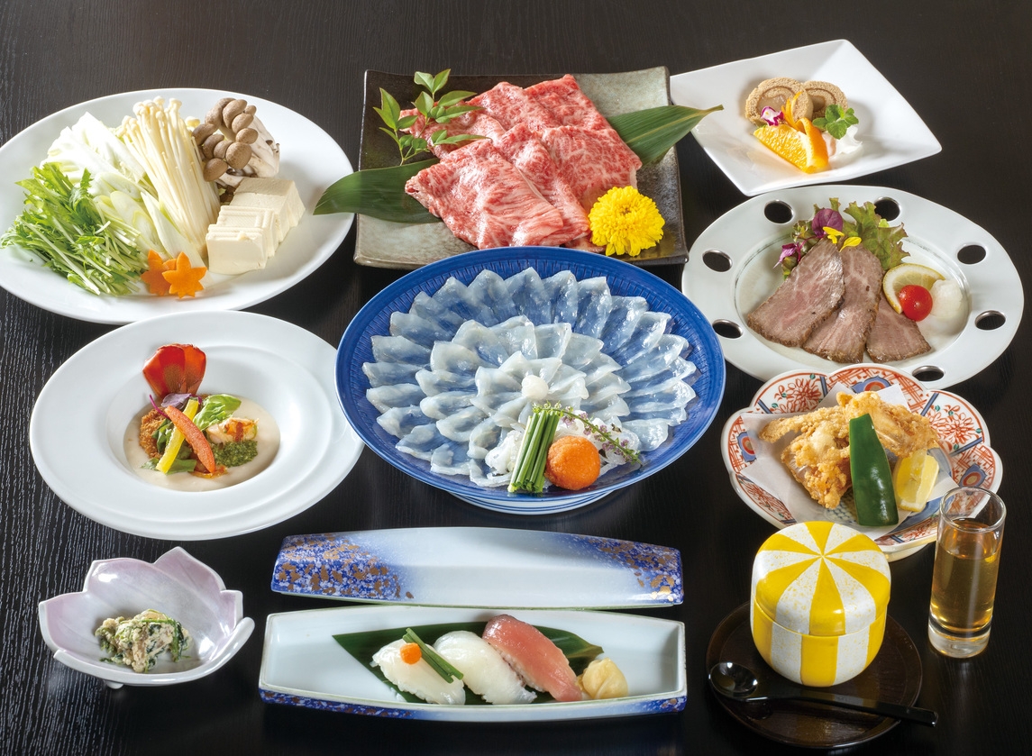 冬季限定『竹コース』ふぐ尽くし・宮崎牛しゃぶしゃぶ・伊勢海老のホワイトソース掛けなど