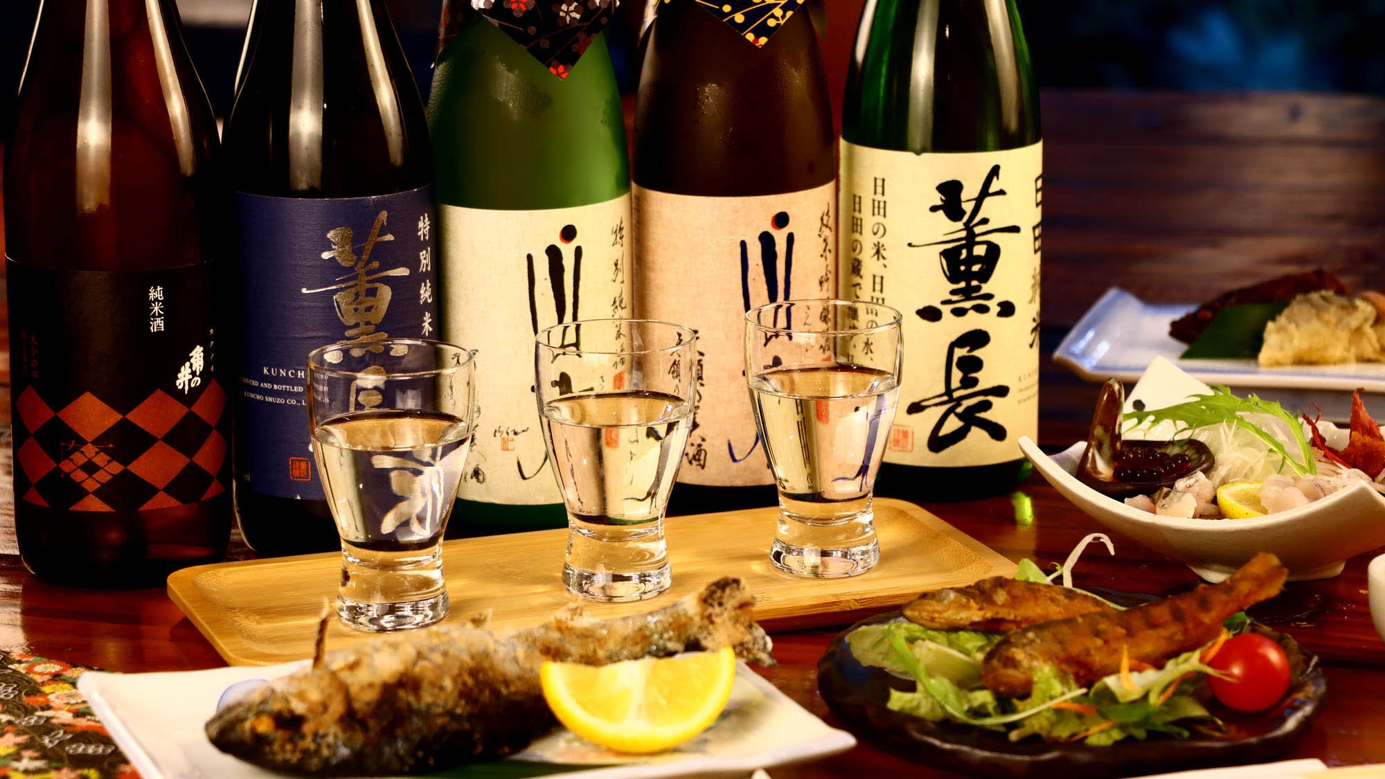 【地酒飲み比べ】歴史の残る天領日田には美味しい地酒がいっぱい！ご飯もお酒もすすむ【エノハフルコース】