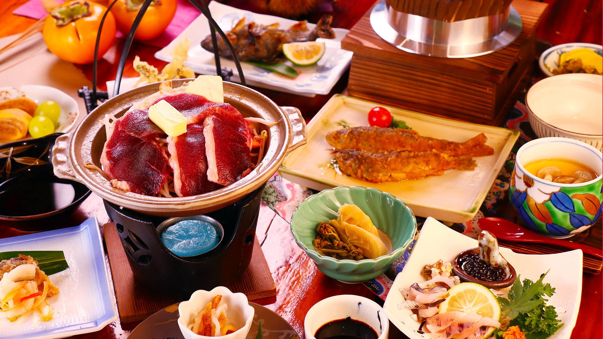 【季節のジビエ＆エノハコース】エノハ(ヤマメ)づくしに加えて猪肉の陶板焼や季節の味覚満載の贅沢プラン