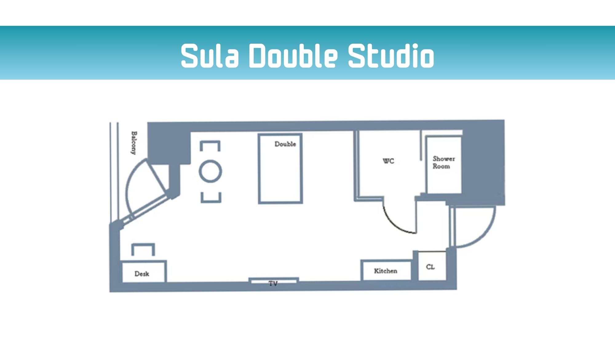 空海をイメージしたコンパクトな客室。ダブルベッド1台（16.3平米）。