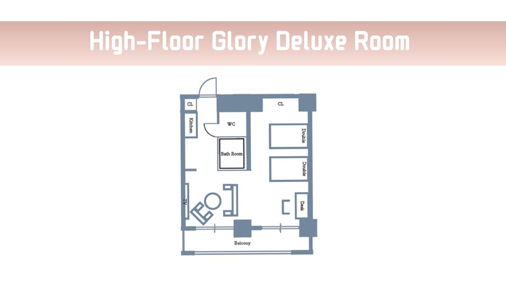 最上階デラックスタイプ。ダブルベッド2台（33平米）。