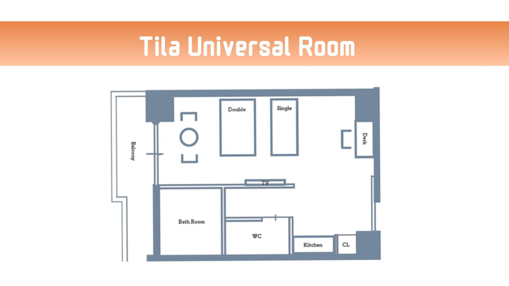 太陽をイメージした車椅子ご利用可能な客室。シングルベッド1台、ダブルベッド1台（26.2平米）。