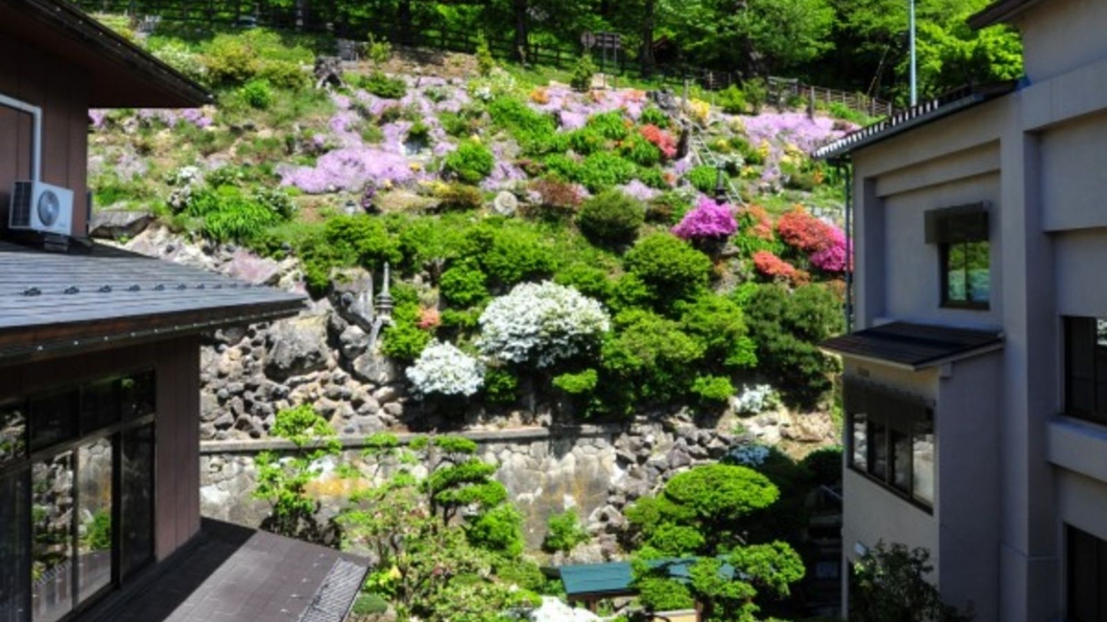 【館内で体験】烏帽子山の緑とコラボする、当館自慢の中庭。4月～5月はツツジが美しく庭を彩ります