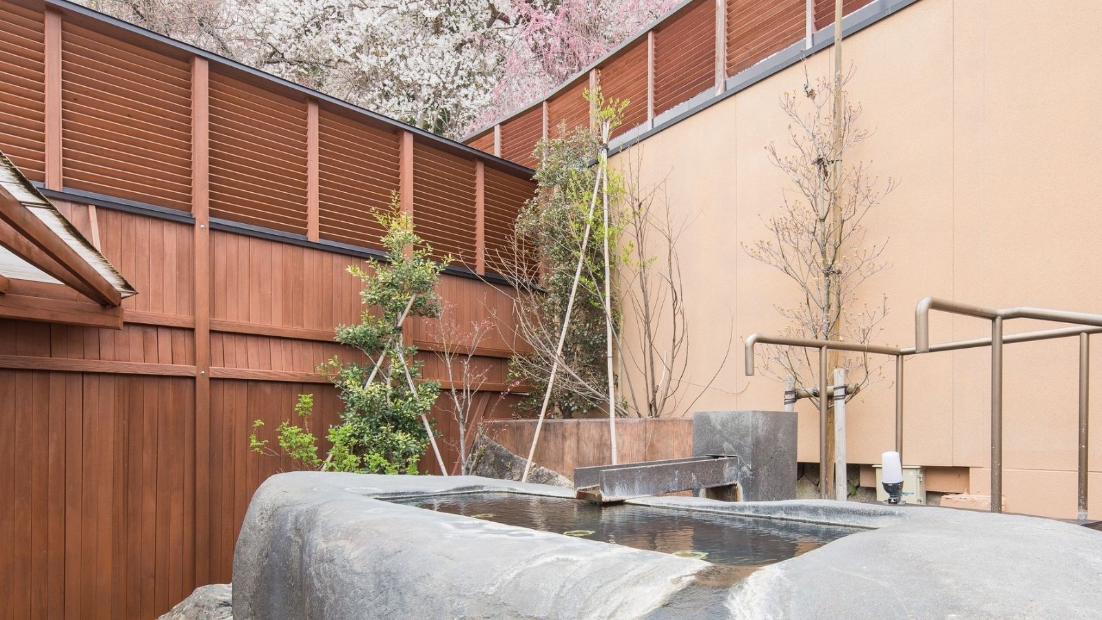 【温泉】東湯・露天岩風呂から烏帽子山の桜を望む