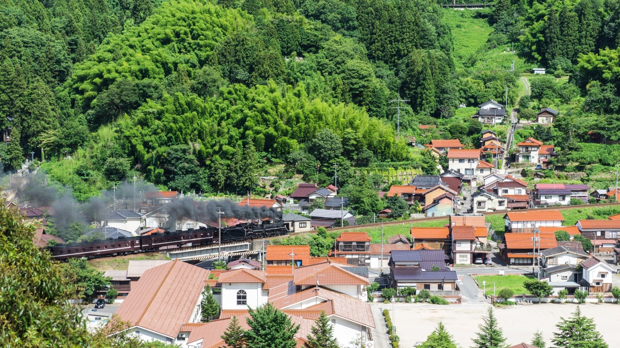 朱色の瓦と深い緑の山々の中を、黒いSLが駆け抜ける。絵本の一場面のような津和野の風景です。（一例）