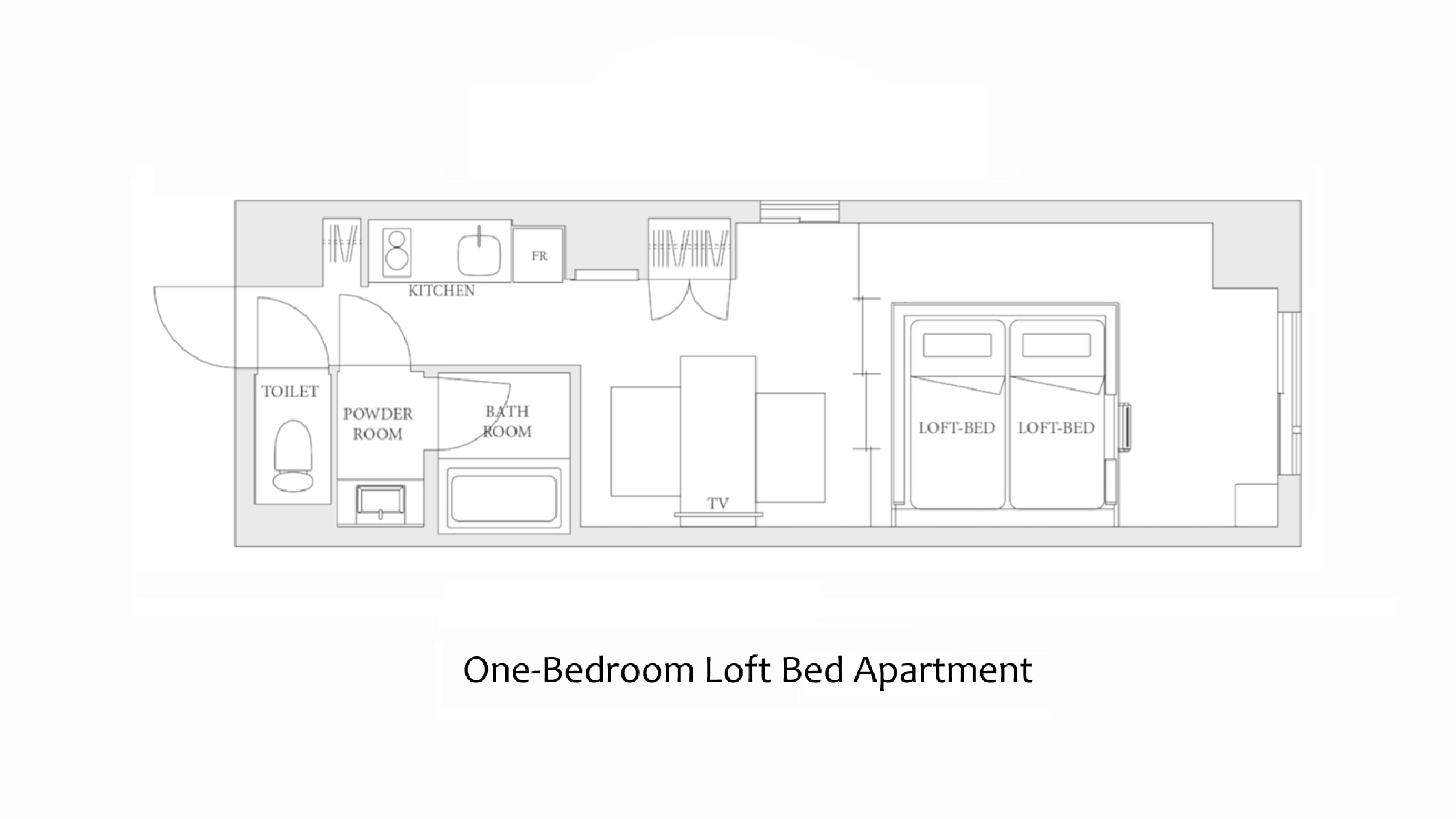 1ベッドルームロフトベッドアパートメント間取り図