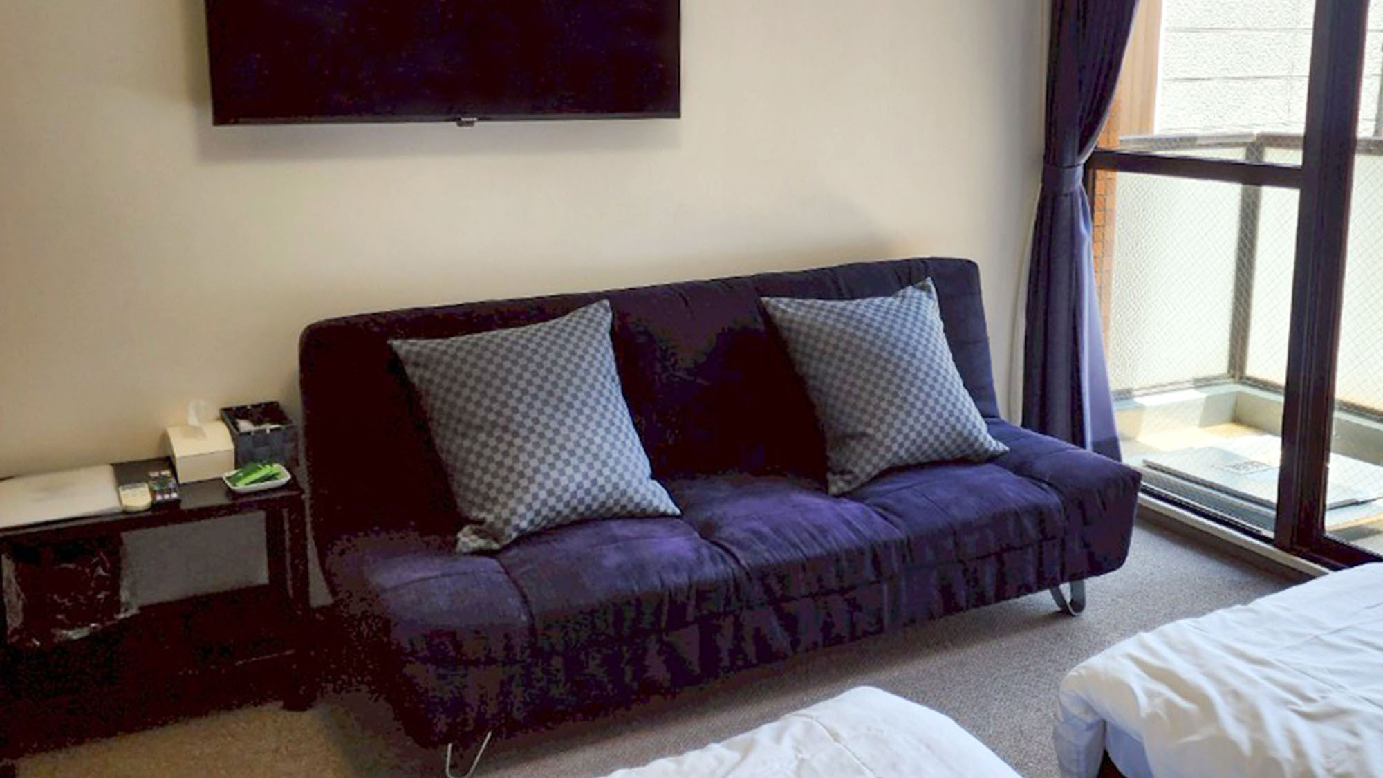 ・【203：ソファ】大きめソファとテレビを完備。リラックスしてお過ごしいただけます