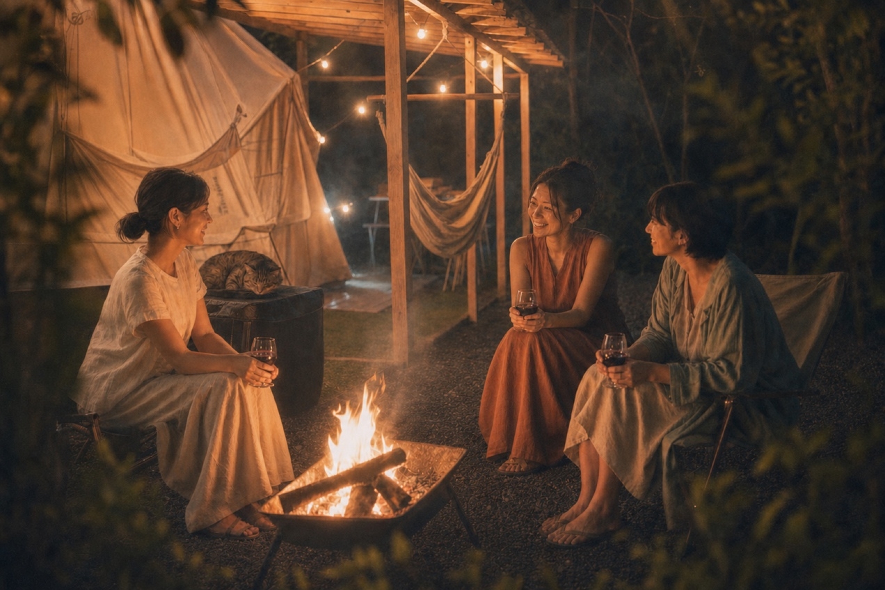 【大人の里山女子会・女子旅】猫と過ごす里山の夜｜BBQ・焚き火・薪サウナ・夕朝食付｜フェイスパック付
