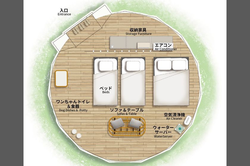 シングルベッド×２、ダブルベッド×１のお部屋の間取りです。