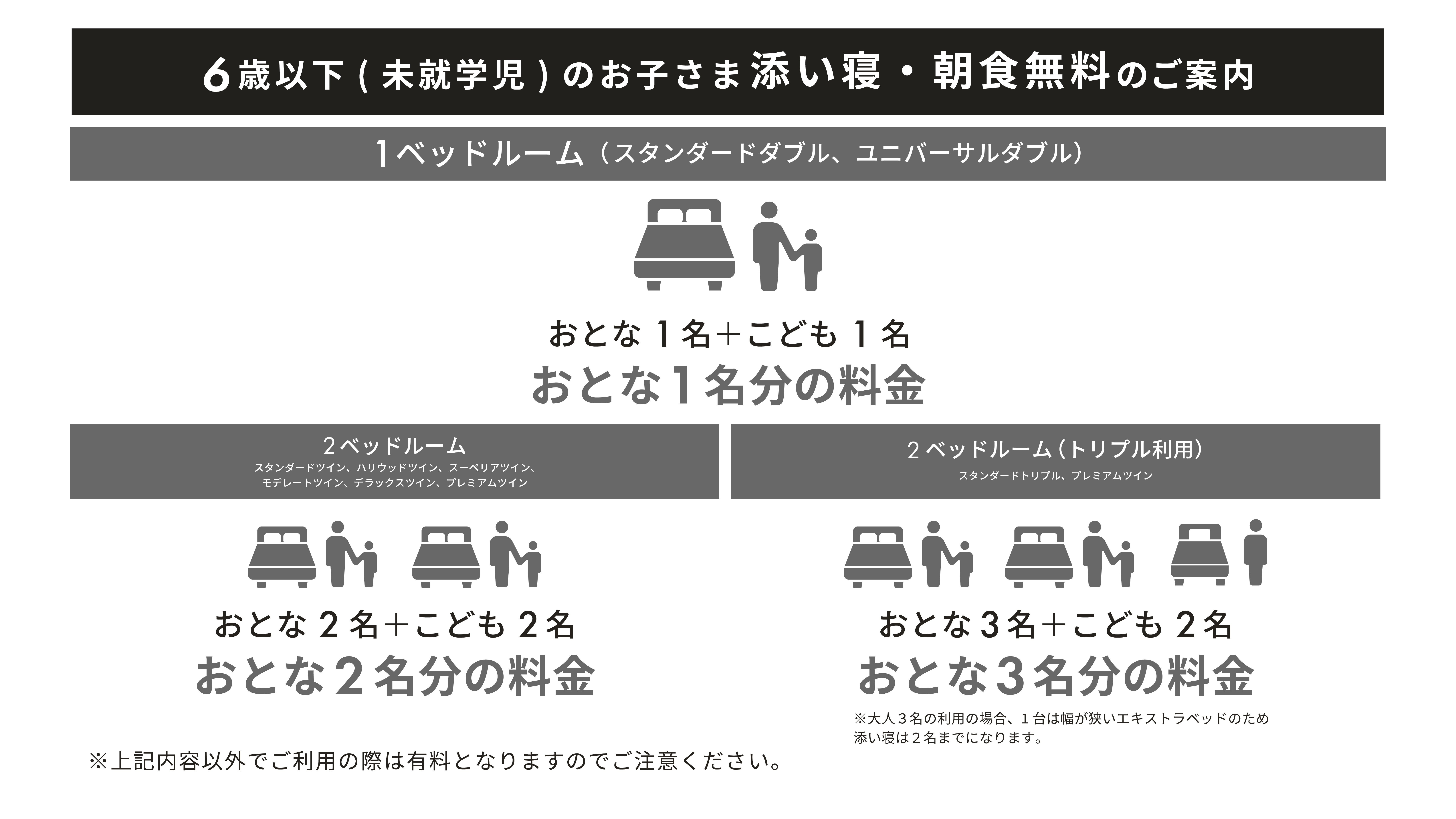 ６歳以下（未就学児）のお子さま添い寝・朝食無料のご案内