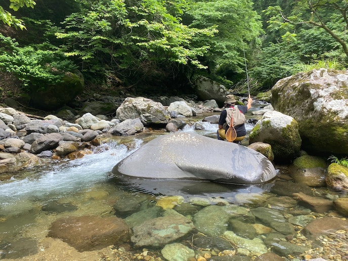 近くには渓流釣りができる清流が流れています。