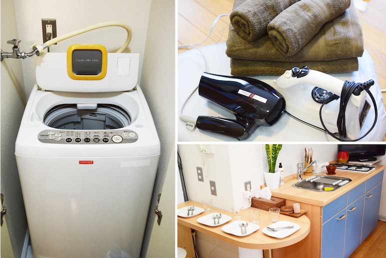 Washing machine, hairdryer, iron and towel set. En