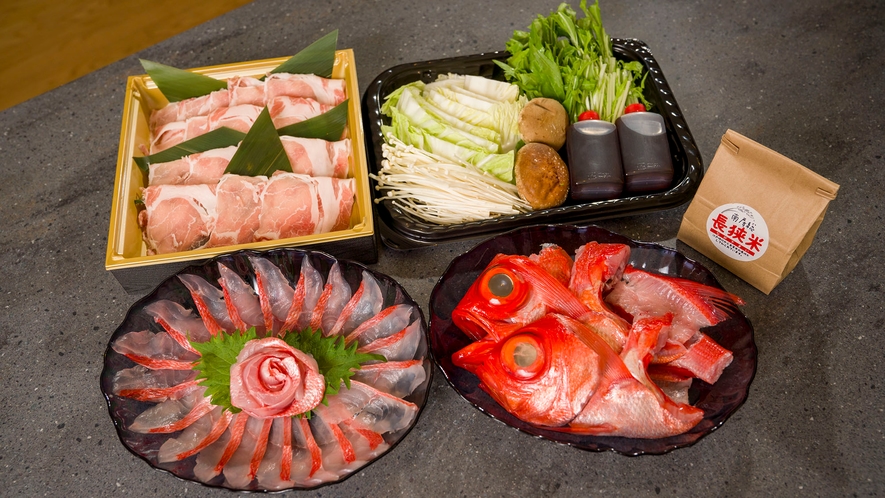 【金目鯛と豚のしゃぶしゃぶ】金目鯛、豚しゃぶ、お米、野菜盛り合わせのセット