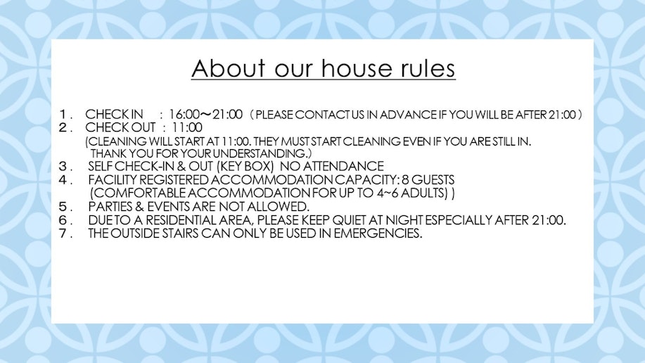 our house rules| towel| toothbrush | check in...