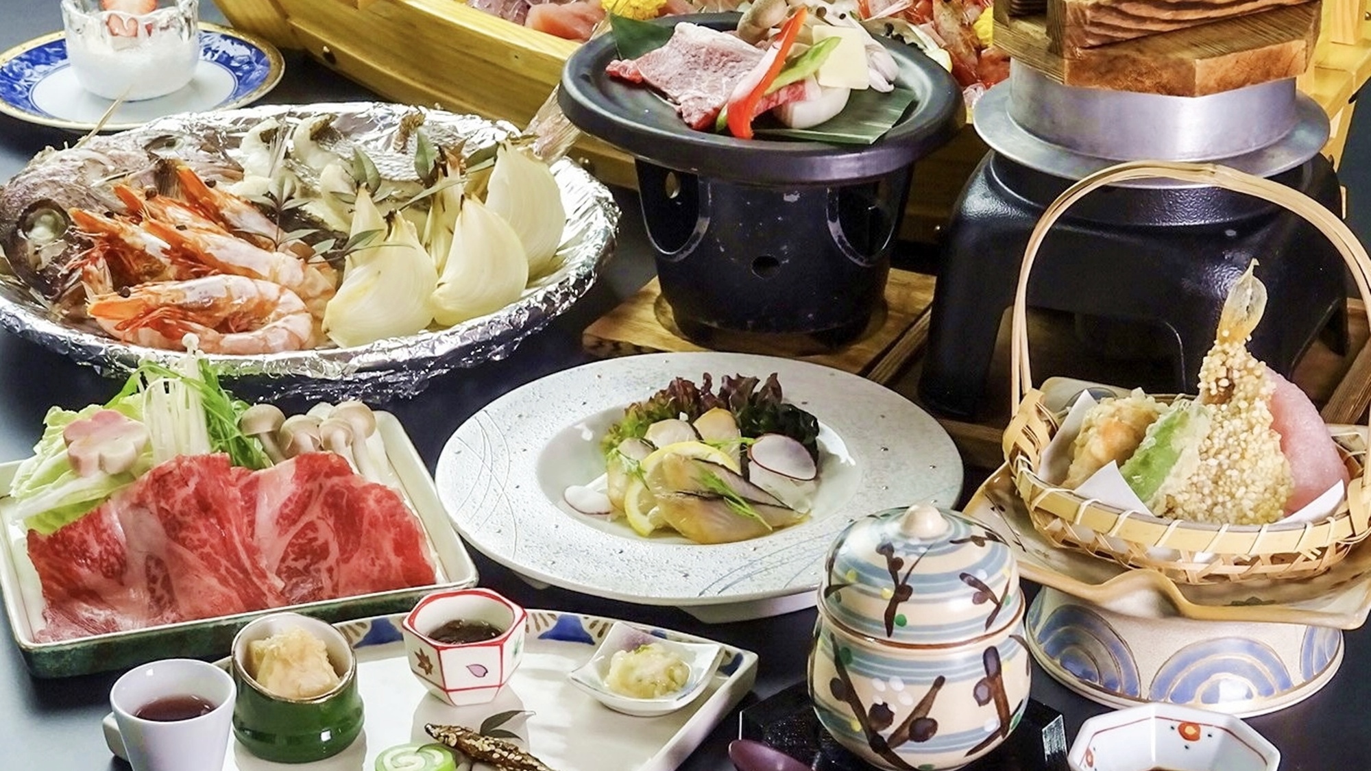 *国生み会席&hellip;アワビ&times;淡路牛&times;舟盛り