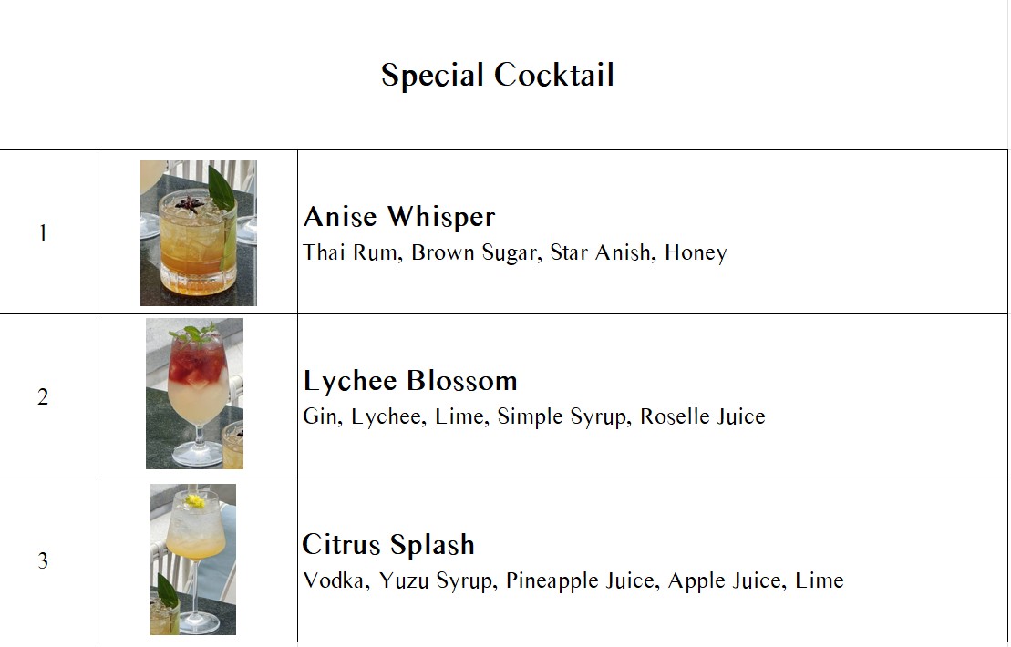 ホテルシグネチャーカクテルのメニュー（NAVA Kitchenレストランにて）