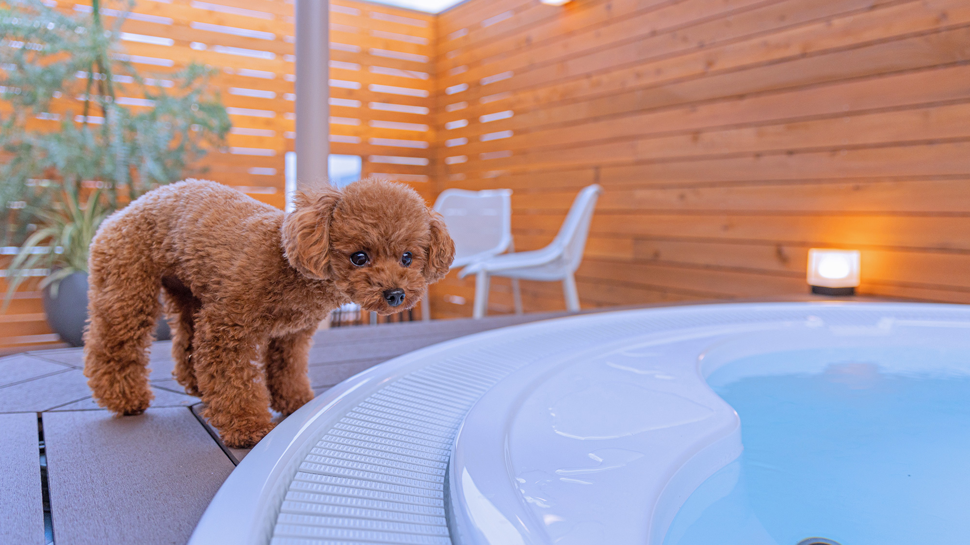 居室に隣接した広いウッドテラスには、ジェットバス付の露天風呂が。