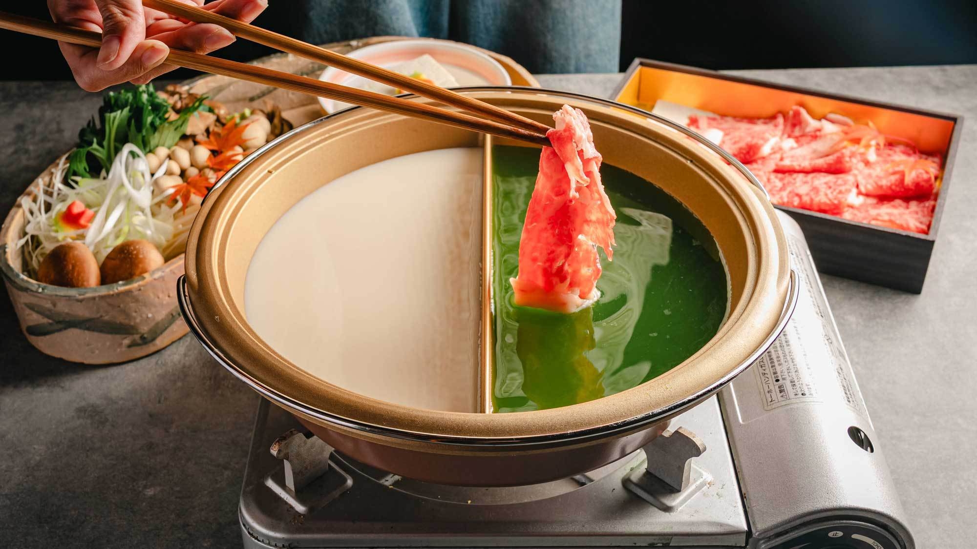 【おおいた和牛の二色鍋】料理人オーナー自慢の4種から選べるお出汁♪部屋食でじっくり味わう（2食付）