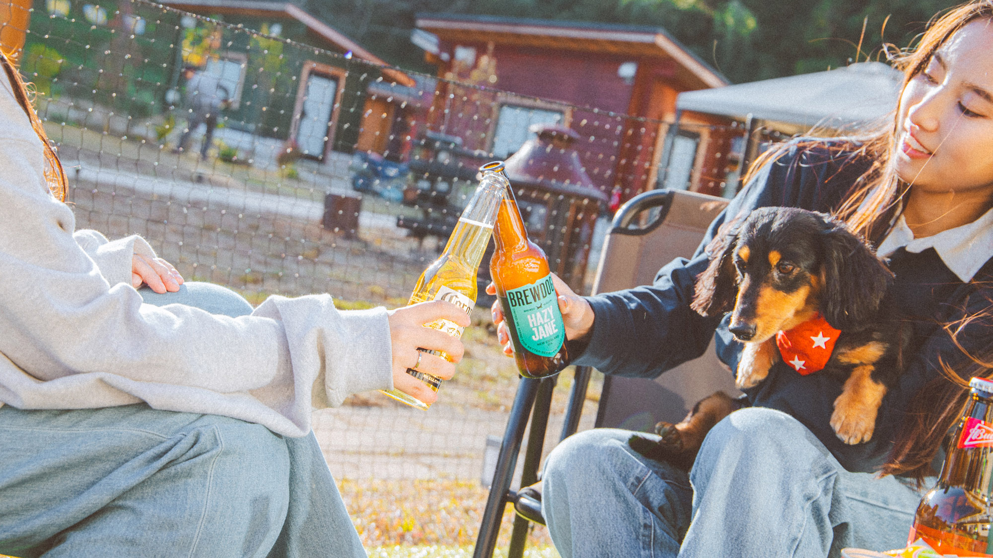 愛犬と一緒にアウトドア体験。みんなで乾杯のひととき。