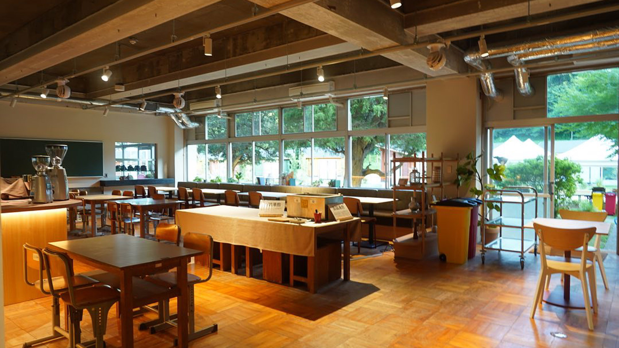 開放的な窓から自然の光が差し込む空間。木の温もりが心地よいカフェラウンジ。
