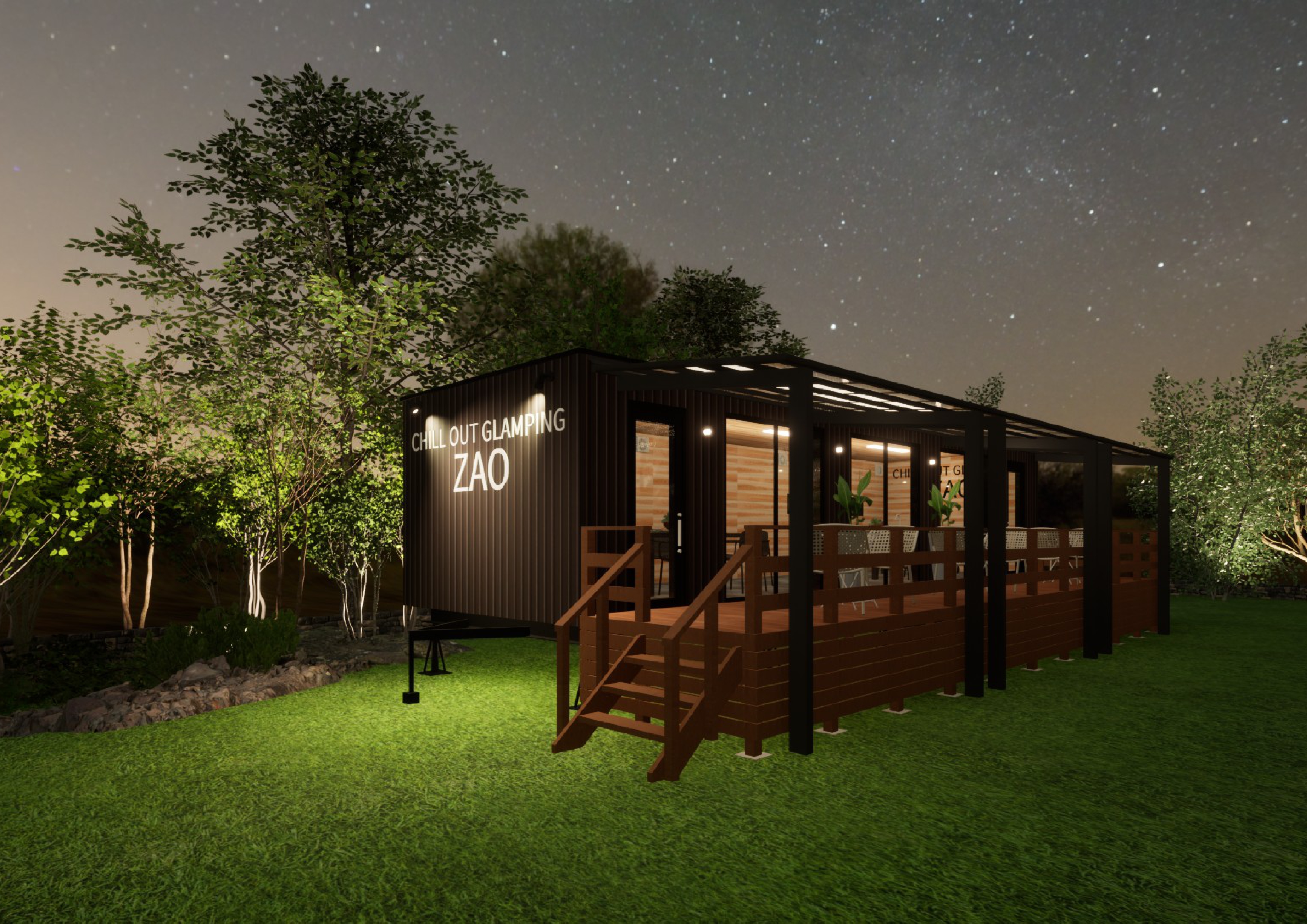 日帰りBBQ用トレーラーハウス外観イメージ夜