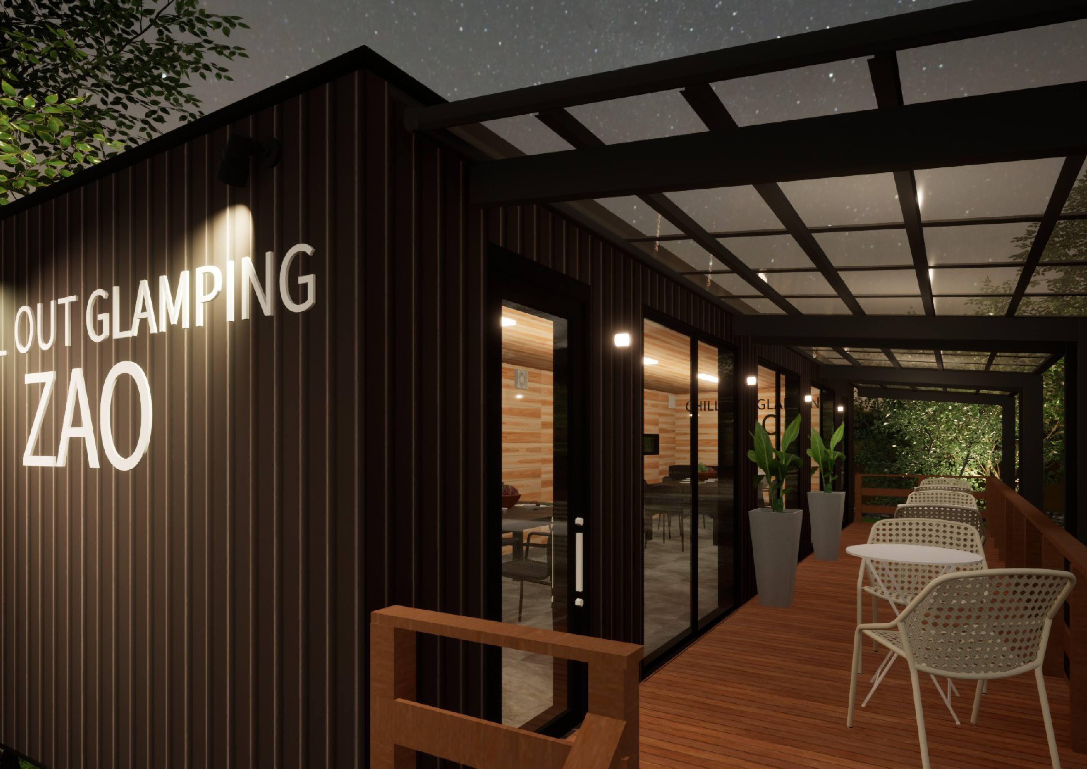 日帰りBBQ用トレーラーハウス外観イメージ夜