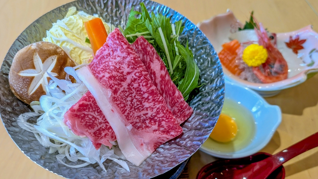 【2食付】みちのく日高見牛すき焼き×三陸産海の幸のお造り×ハーフバイキング☆24時間飲み放題付き♪