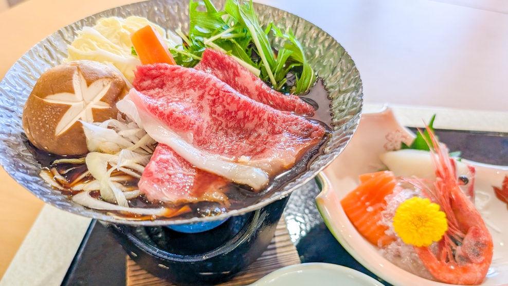 【2食付】みちのく日高見牛すき焼き×三陸産海の幸のお造り×ハーフバイキング☆24時間飲み放題付き♪