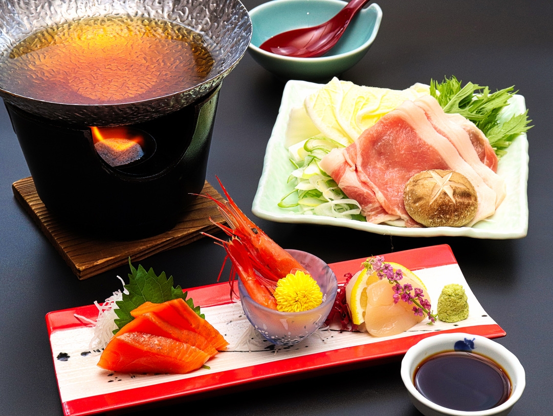 【極上の贅沢】伊豆沼豚ロース鍋×三陸鮮魚のお造り×ハーフバイキング☆24時間飲み放題【2食付】