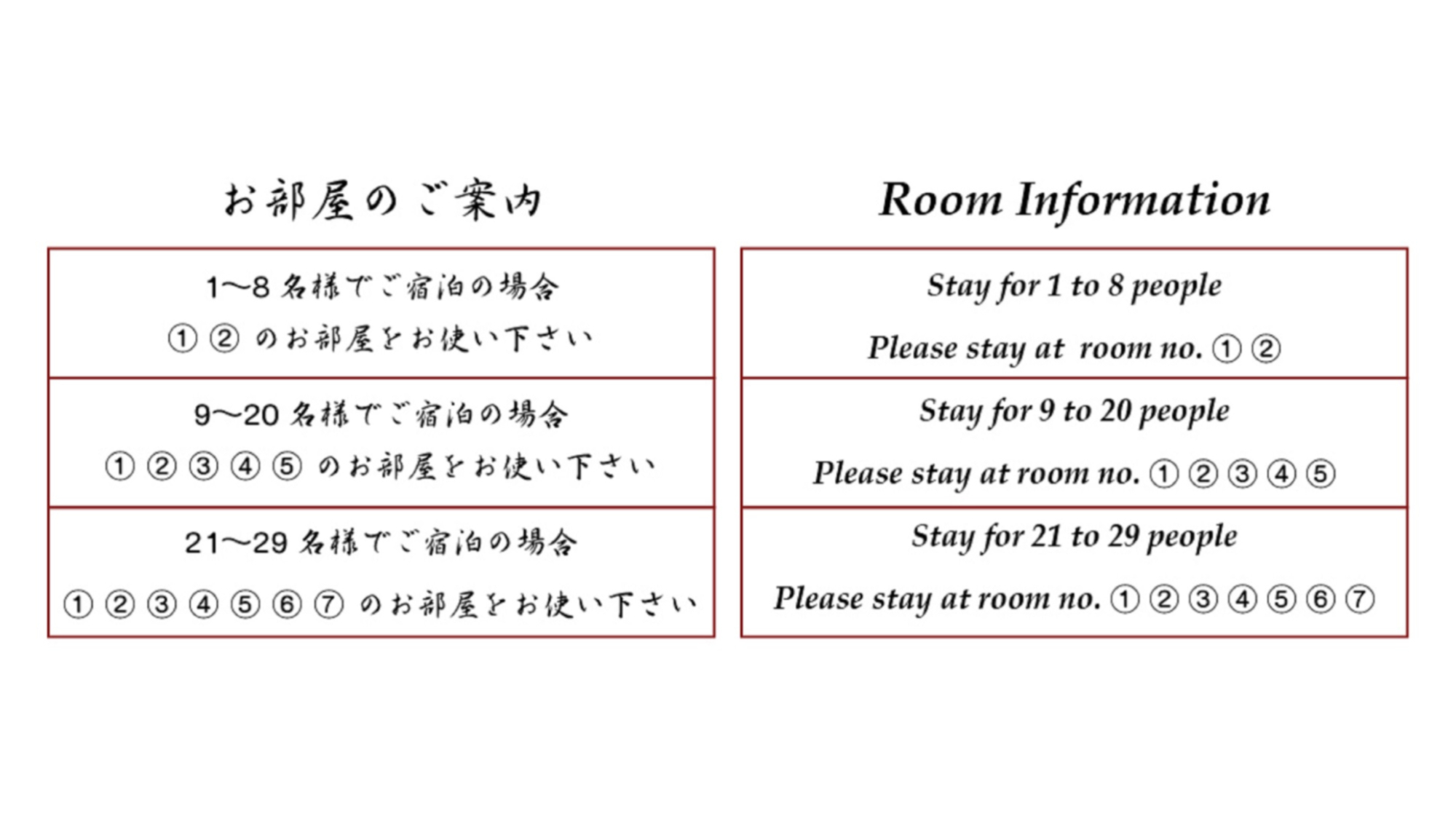 ・お部屋の案内図。ご宿泊の際、人数によって使用可能な客室が異なりますのでご確認ください