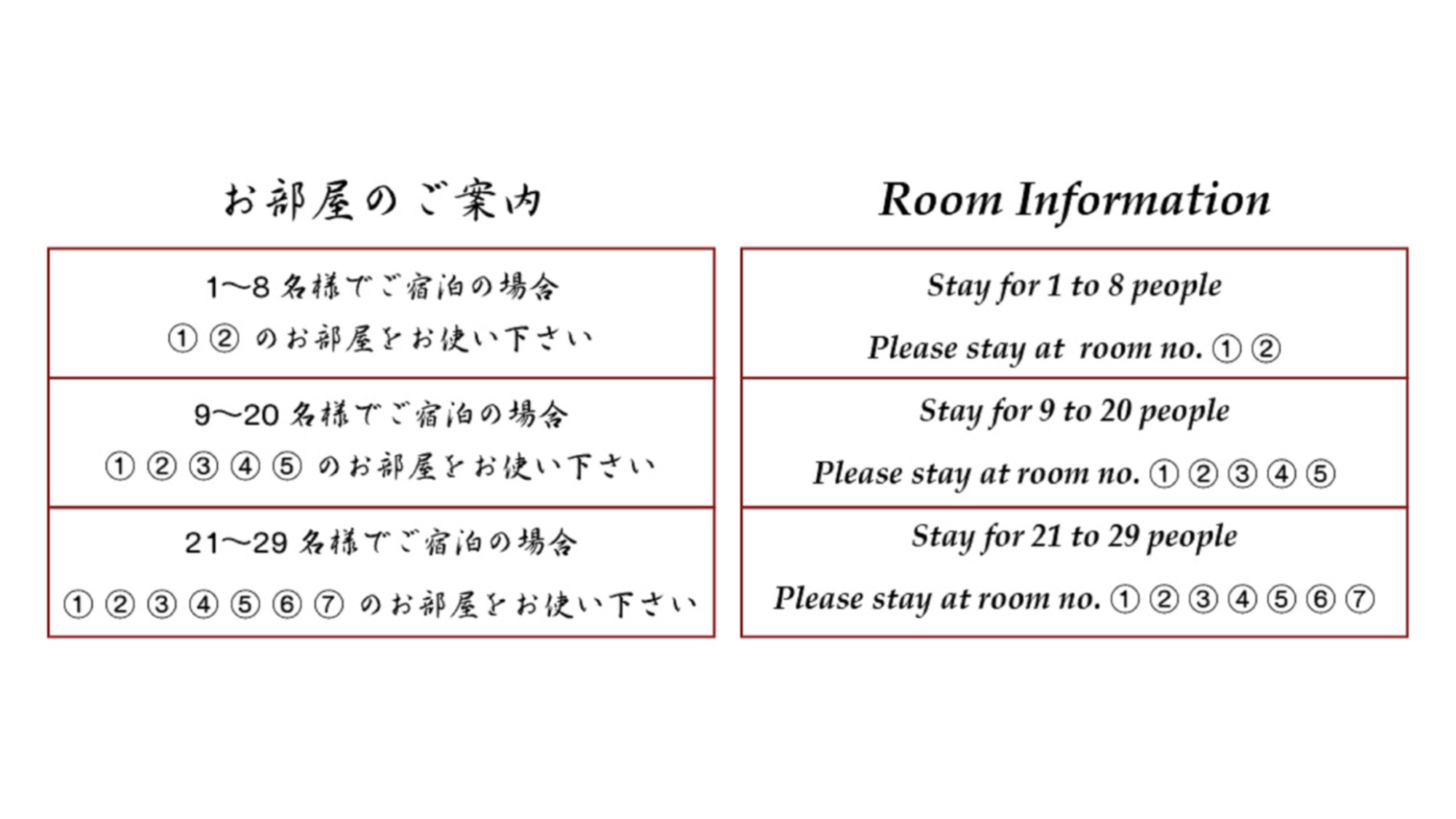 ・お部屋の案内図。ご宿泊の際、人数によって使用可能な客室が異なりますのでご確認ください