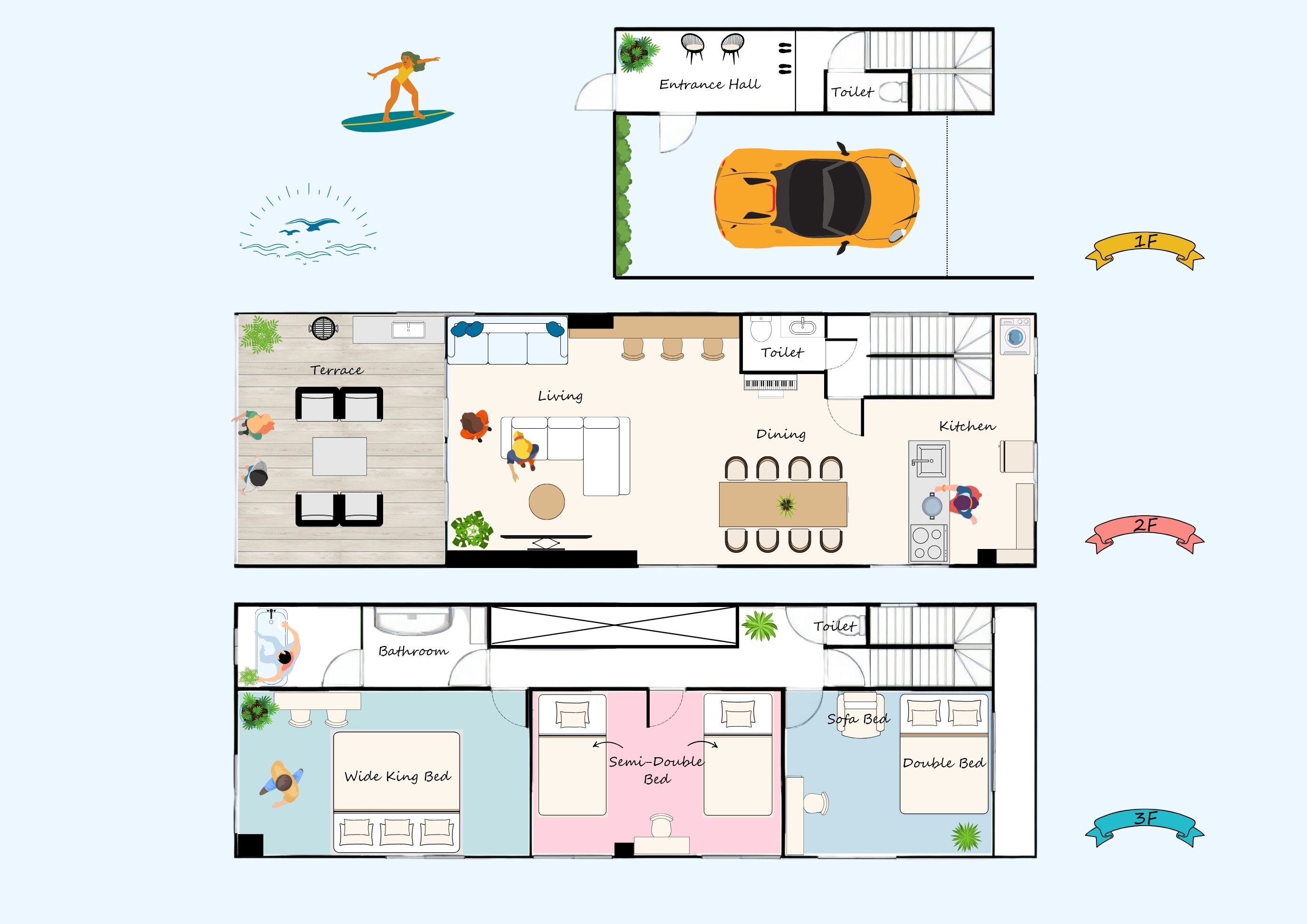 海に面した、3階建ての一軒家です。1階裏口からは直接海の桟橋へ出ることができます。