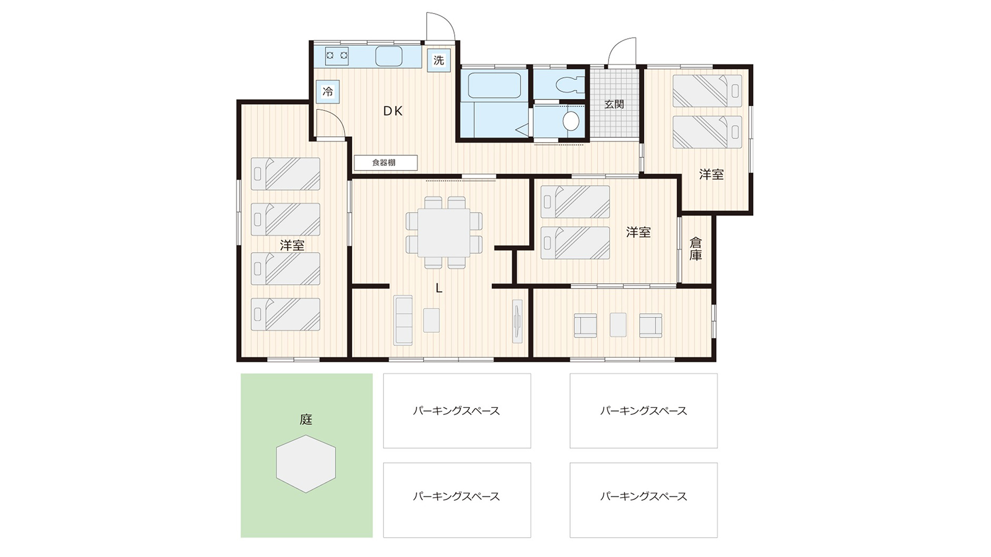 ・【間取り図】パーキングスペースが充実の一棟貸し。大人数でも快適にお過ごしいただけます