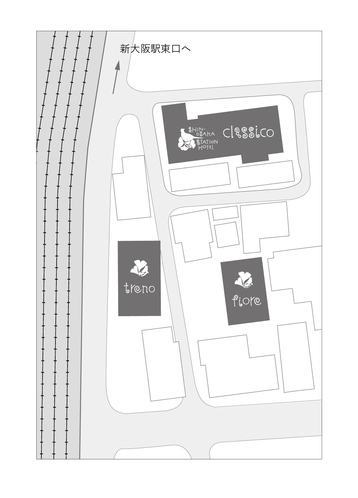ホテル敷地図◆チェックインはtreno棟にお越し下さい。trenoとfioreは徒歩約20秒です。
