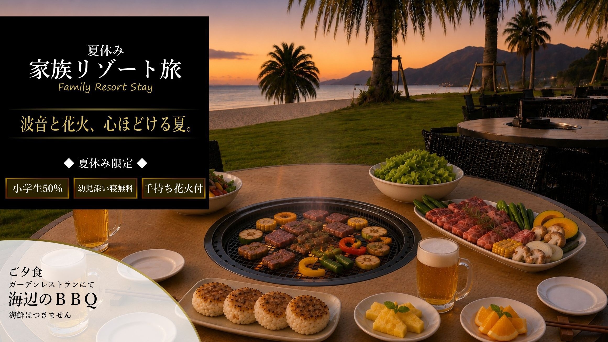 【夏休み限定】家族リゾート旅×海辺のBBQ（お肉メイン）｜幼児添い寝０円・小学生５０％・手持ち花火付