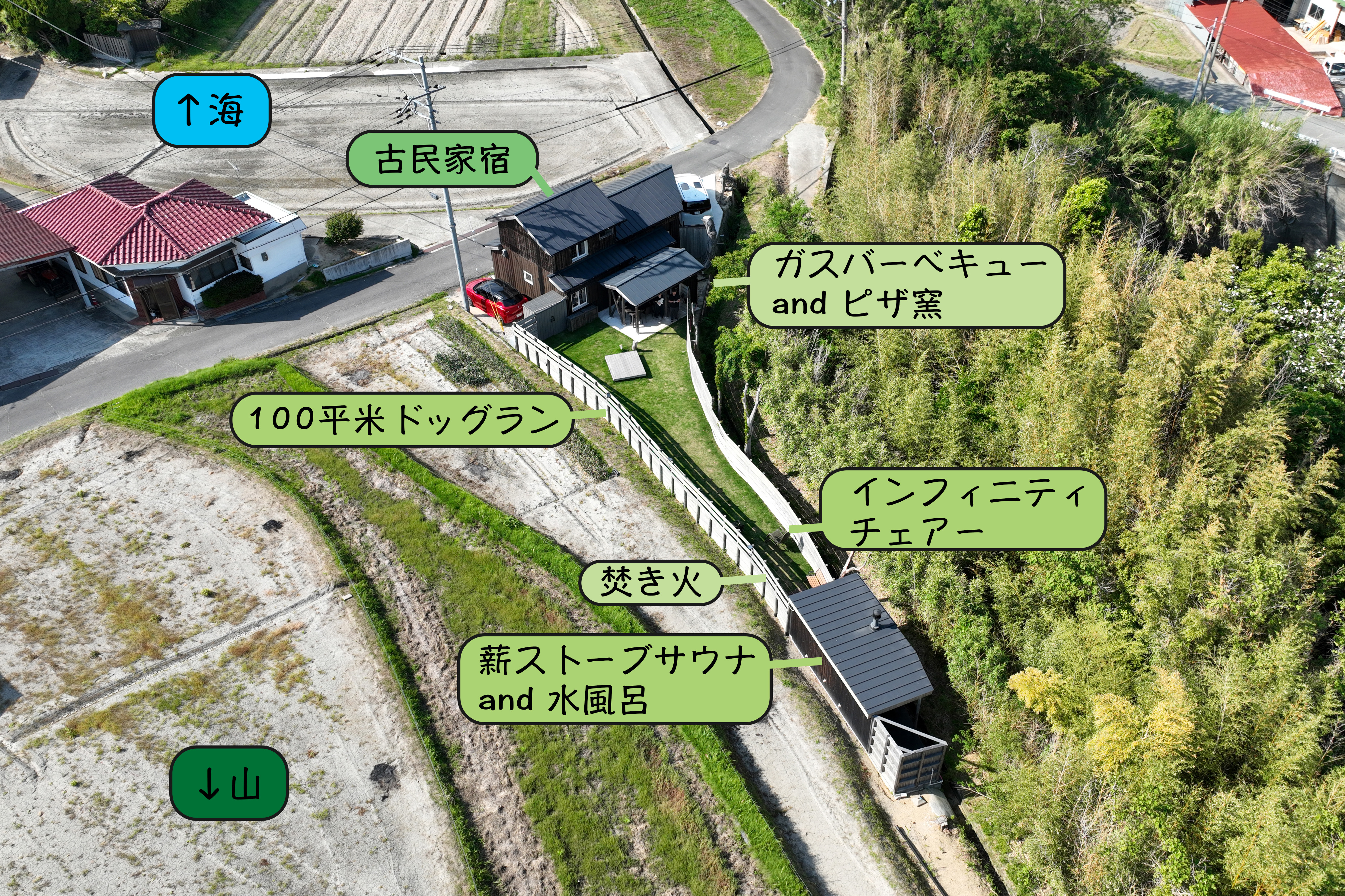 古民家宿、芝生のドッグラン、サウナ、水風呂、BBQ、一日一組限定、その日は全てあなたのもの
