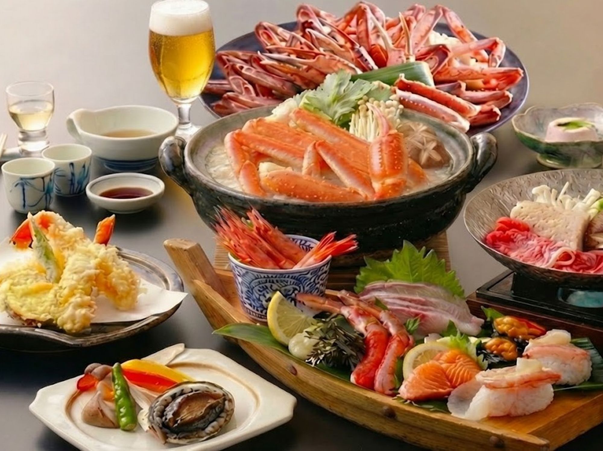 【お手頃】朝夕和ダイニング生ビール1杯無料☆冬カニ【宴】P☆Mカニスキx活鮑＆冬船盛りｘ貸切5湯無料