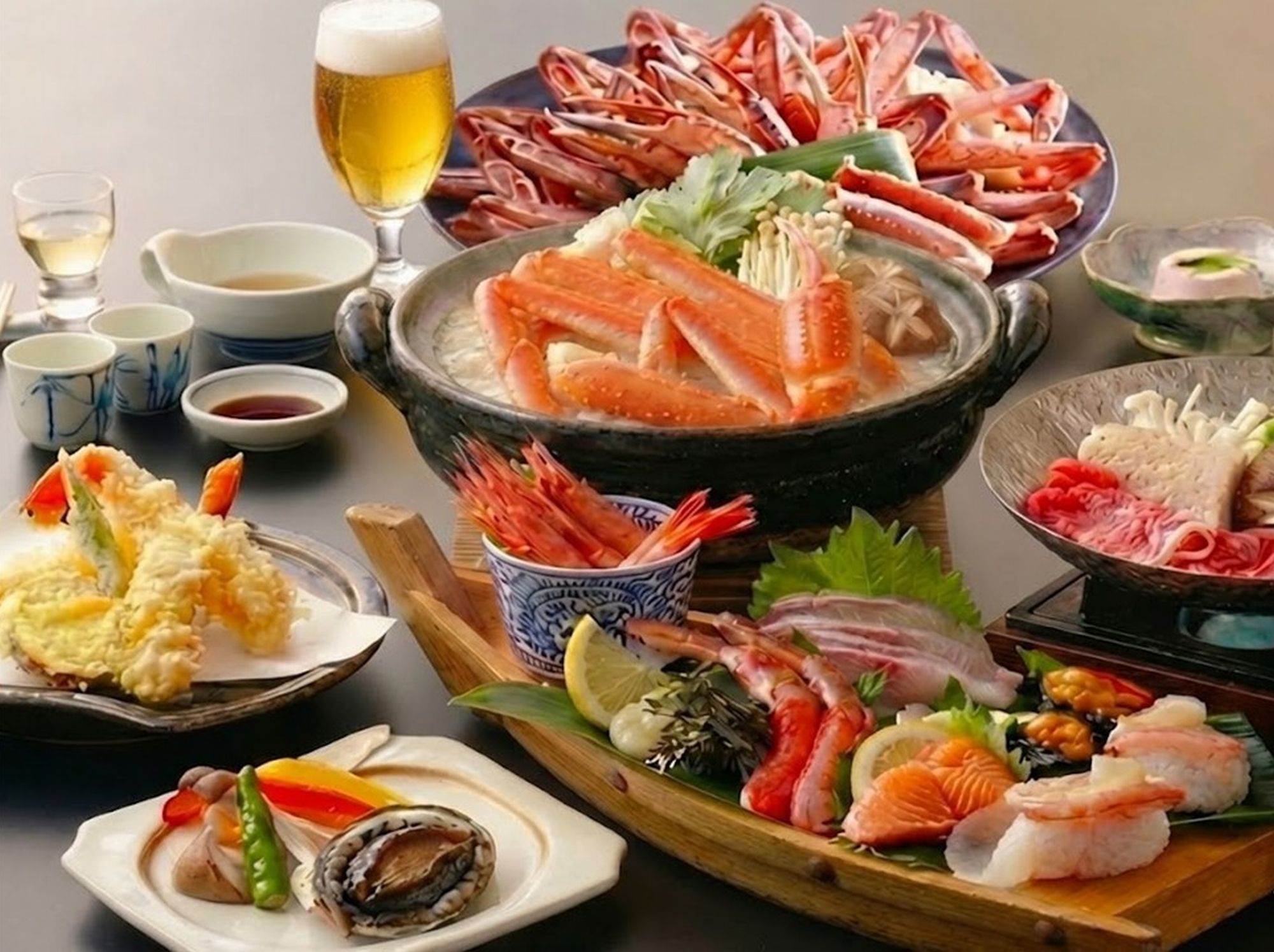 【お手頃】朝夕和ダイニング生ビール1杯無料☆冬カニ【宴】P☆Mカニスキx活鮑＆冬船盛りｘ貸切5湯無料