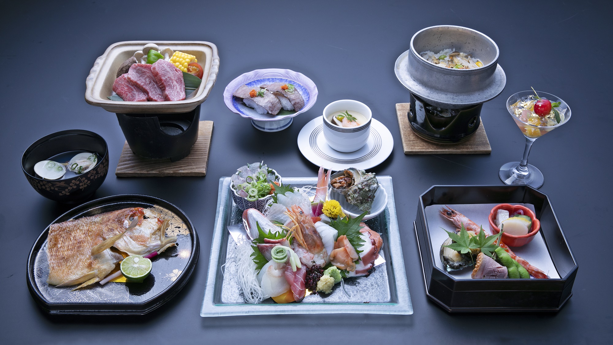 *［旬彩と若狭牛の饗宴一例］旬の地魚と若狭牛の陶板焼きを織り交ぜた和会席